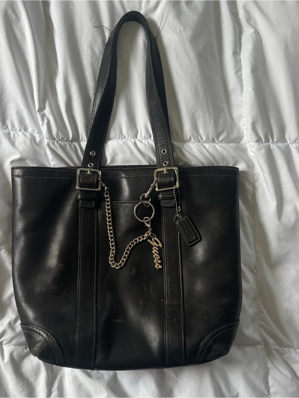 Coach Black Double Buckle Hampton Tote + silver Guess charm